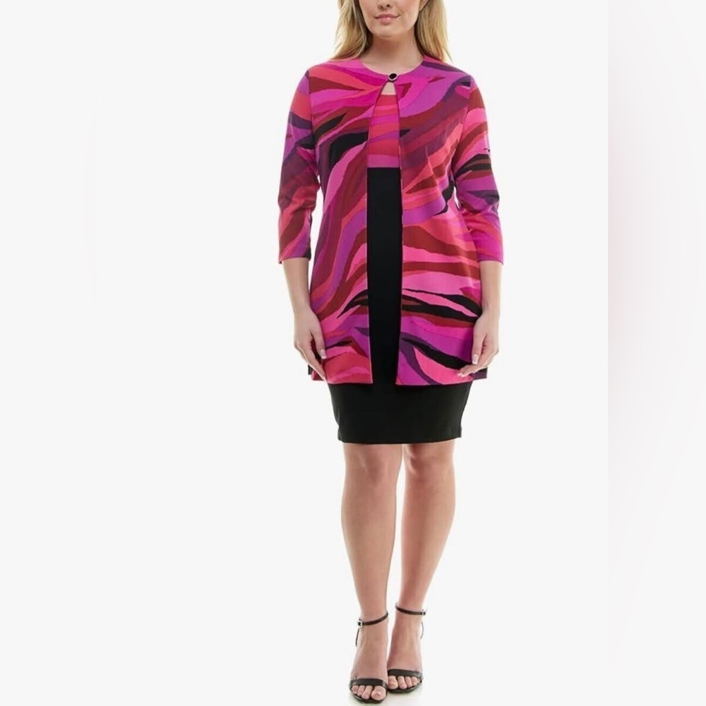 Danny & Nicole 3/4 Sleeve Stripe Jacket Sheath Dress Size 10 Fusia Blk NWT
